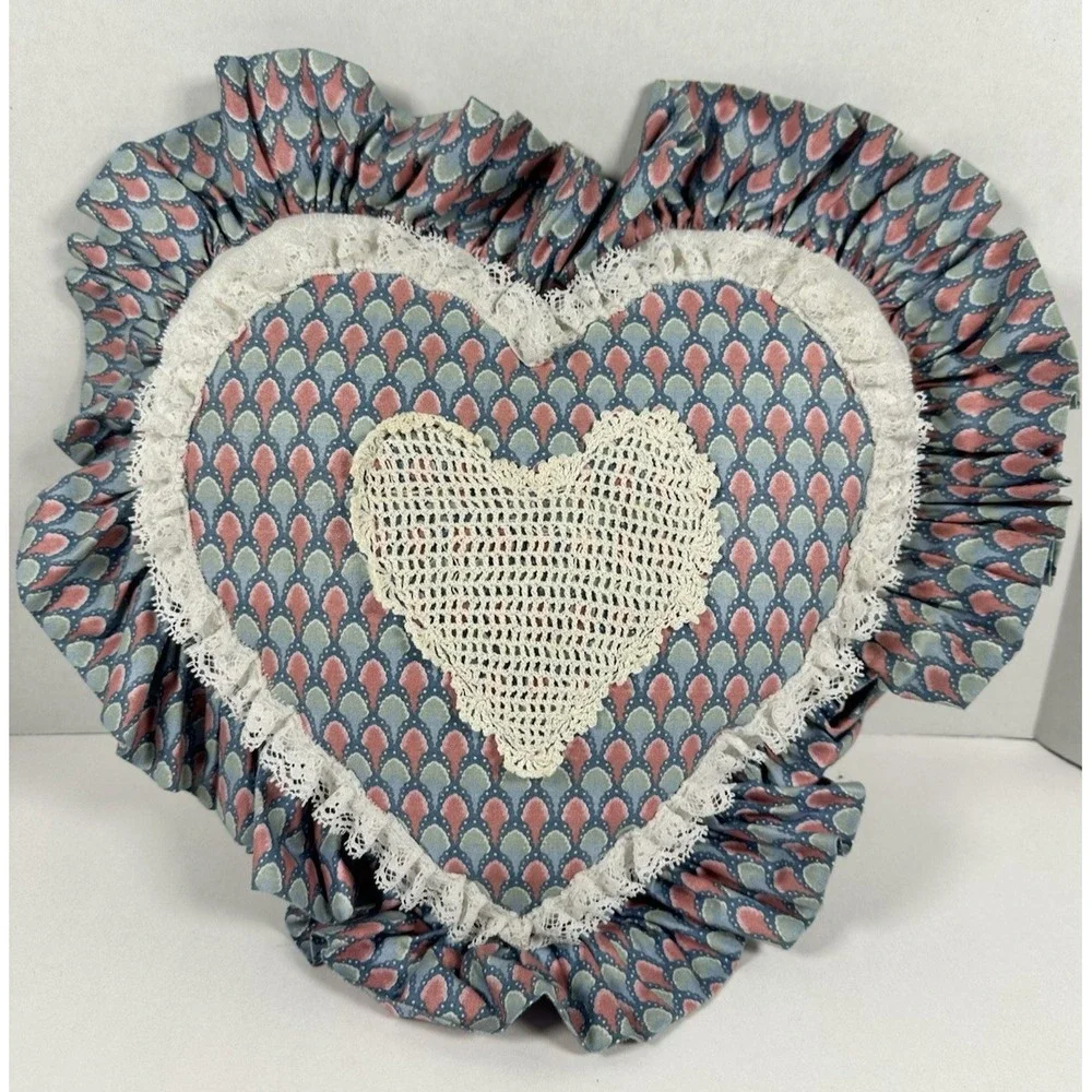 Cottagecore Heart Shaped Throw Pillow Ruffles Lace Pink Blue White